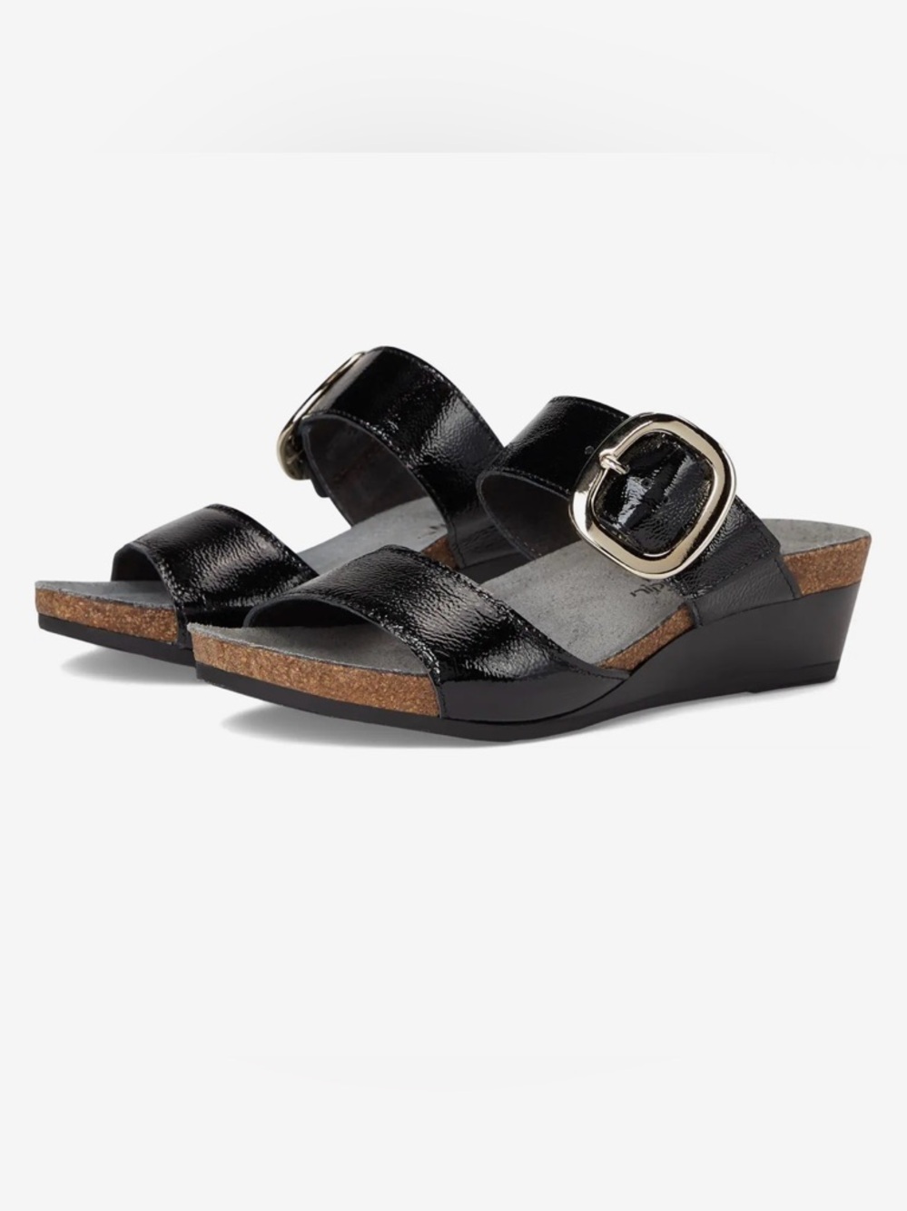 Naot Magic Black Crinkle Patent Leather Two-Strap Slide Sandals with Gold Buckle